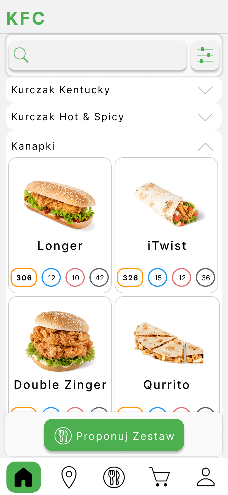 KFC - wybór dań